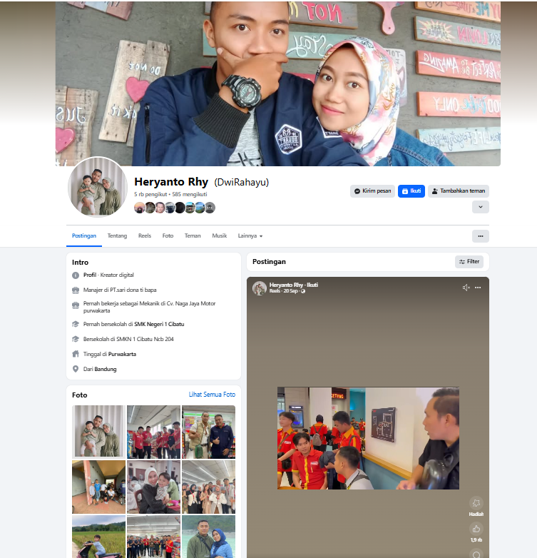 Akun Facebook Heryanto, pelaku pembunuhan Dina Oktaviani.